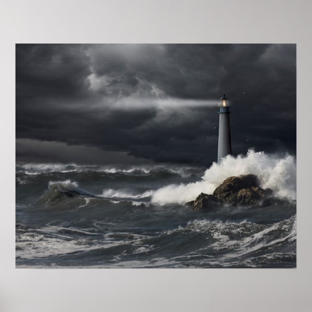 Póster Rayo de luz brillando en el océano tormenta (Frente)