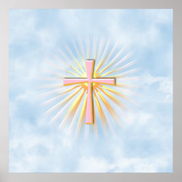 Póster Rayos de luz de la cruz religiosa (W/Nubes)