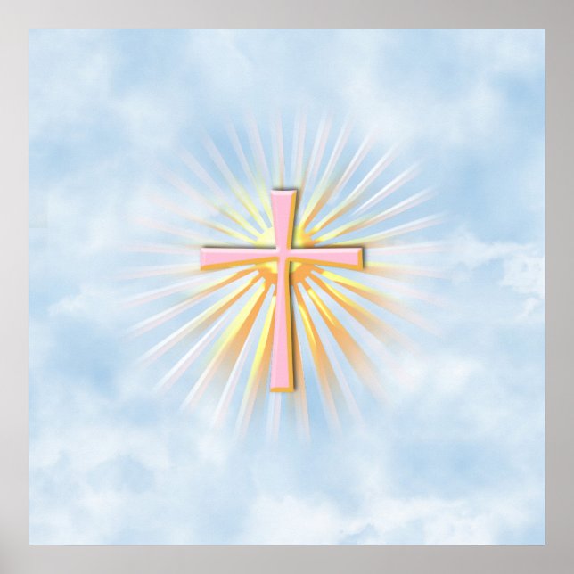 Póster Rayos de luz de la cruz religiosa (W/Nubes) (Frente)