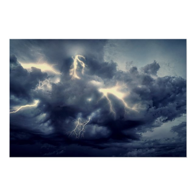 Póster Rayos relámpago durante tormenta de lluvia (Anverso)