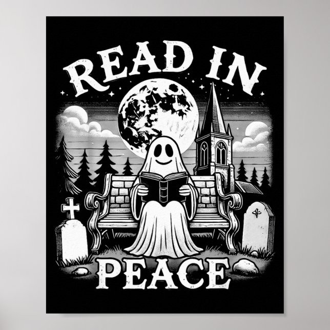 Póster Read In Peace Ghost Reading Books Funny Halloween  (Frente)