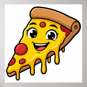 Póster Rebanada de pizza divertida y feliz con queso elás