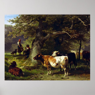 Póster Rebaño del pastor y de vacas en la charca