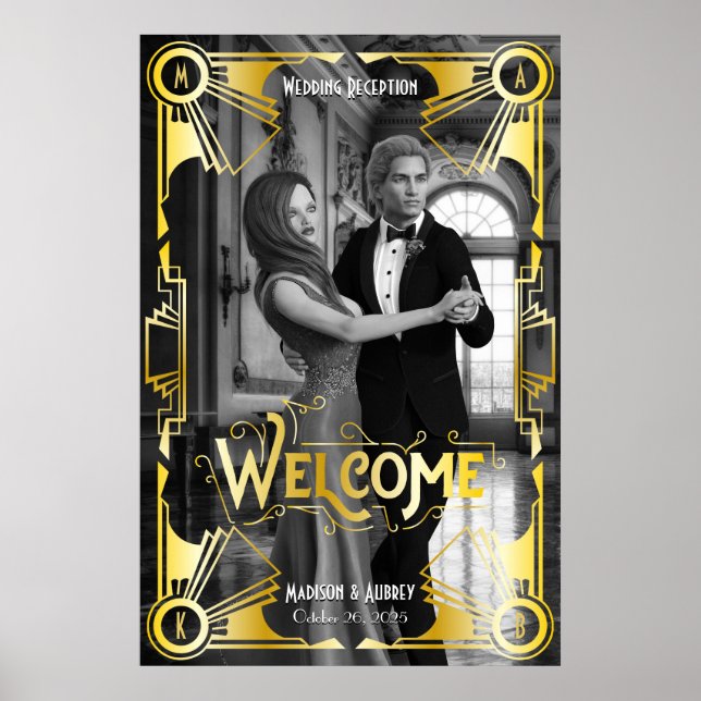Póster Recepción Art Deco Boda Bienvenida Oro y Negro (Frente)