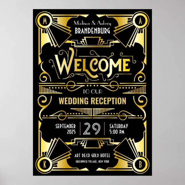 Póster Recepción Art Deco Boda Bienvenida Oro y Negro (Frente)