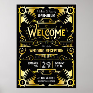 Póster Recepción Art Deco Boda Bienvenida Oro y Negro