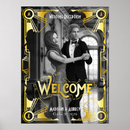 Póster Recepción de Boda Art Deco Bienvenida Foto Dorada