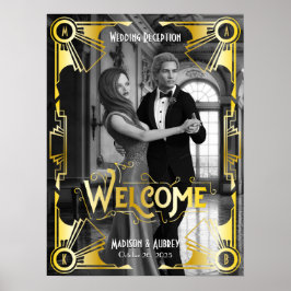 Póster Recepción de Boda Art Deco Bienvenida Foto Dorada
