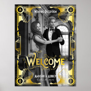 Póster Recepción de Boda Art Deco Bienvenida Foto Dorada