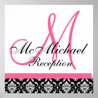 Póster Recepción de boda en monograma de damasco rosa cal
