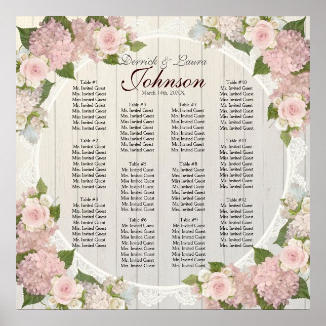 Póster Reception Seating Chart Pink Hydrangea Wood Lace (Frente)