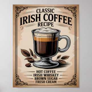 Póster Receta Clásica de Café Irlandés Cocina Rústica Vin