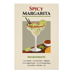 Póster Receta de arte de Spicy Margarita - Cóctel de Tequ