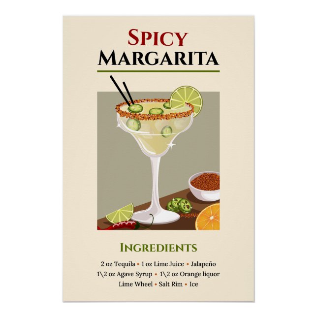 Póster Receta de arte de Spicy Margarita - Cóctel de Tequ (Anverso)