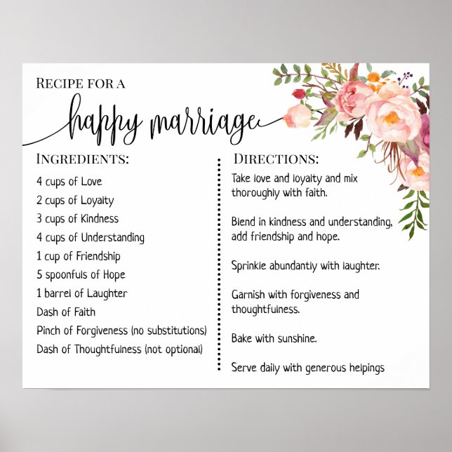 Póster Receta de boda de señas de matrimonio feliz de col (Frente)