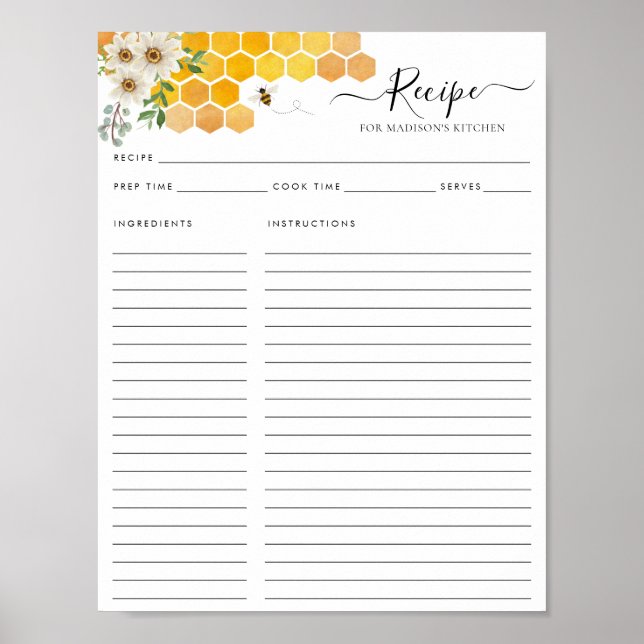 Póster Receta de cocina de abeja abeja abeja panal floral (Frente)