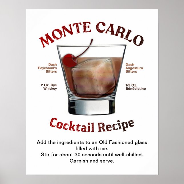 Póster Receta de Cocktail de Monte Carlo 16"X20" (Frente)