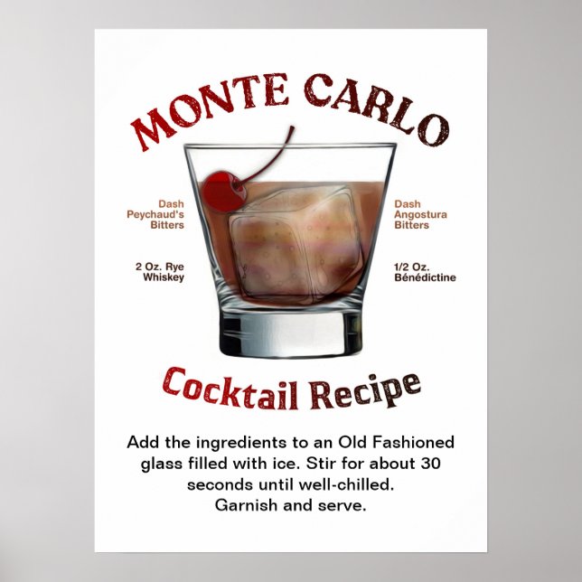 Póster Receta de Cocktail de Monte Carlo 18"X24" (Frente)