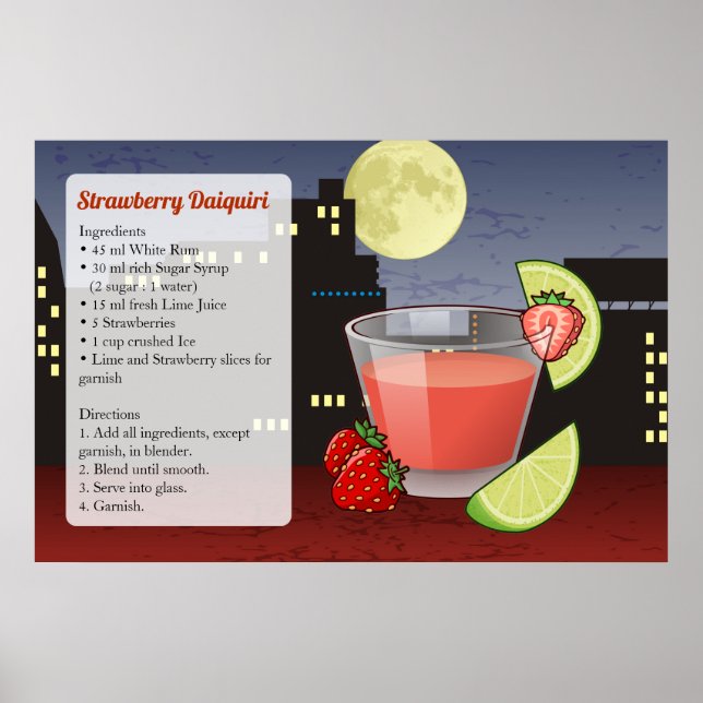 Póster Receta de cóctel de fresa de Daiquiri (Frente)
