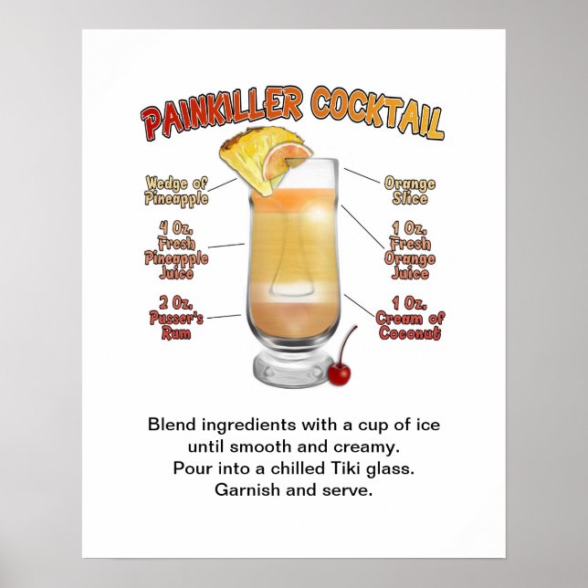 Póster Receta de cóctel PAINKILLER Art 16"x20" (Frente)