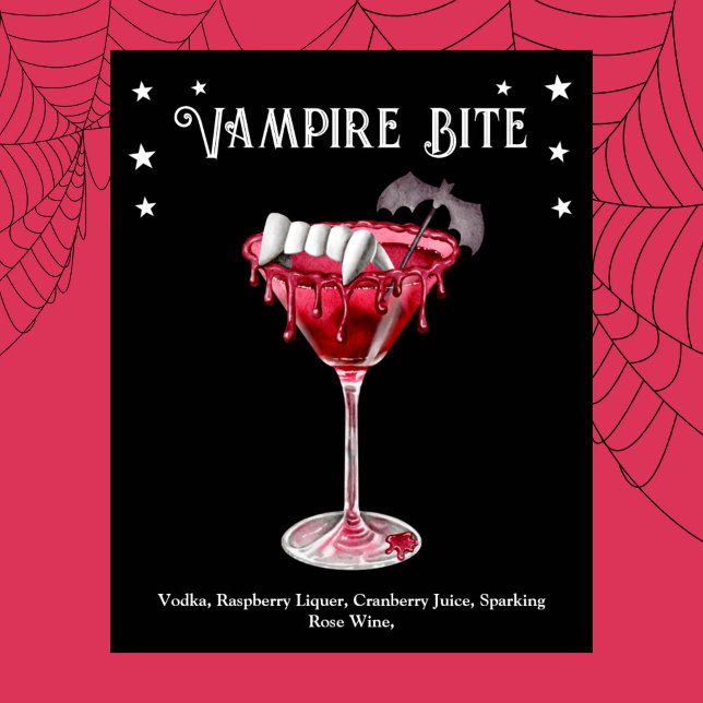 Póster Receta de Martini Vampiro, Fiesta de cócteles de H (Halloween Cocktail Party Vampire Martini Recipe Poster)