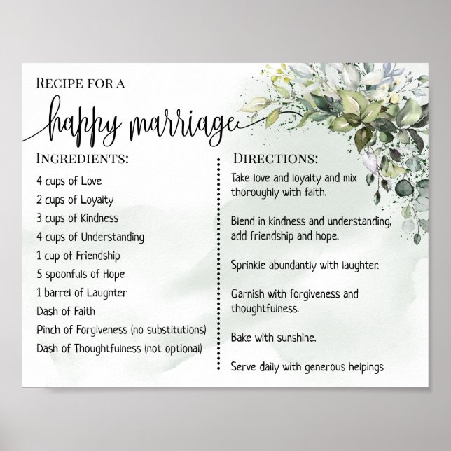 Póster Receta de matrimonio feliz para recién casados euc (Frente)