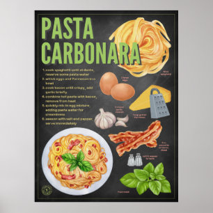 Póster Receta de Pasta Carbonara Chalkboard Kitchen Art