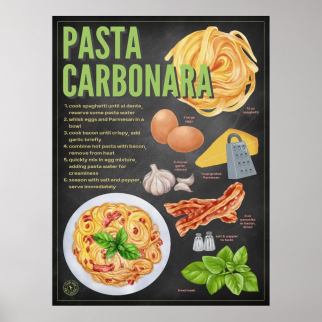 Póster Receta de Pasta Carbonara Chalkboard Kitchen Art (Frente)