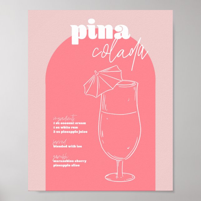 Póster Receta de Pina Colada rosa inspirada en retro de c (Frente)