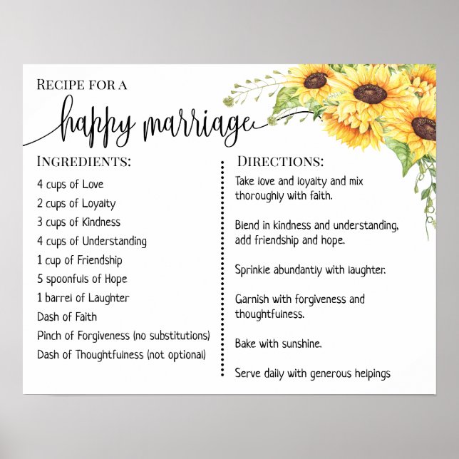 Póster Receta de un matrimonio feliz para los girasoles r (Frente)
