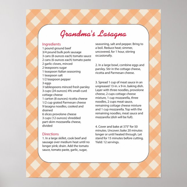 Póster Receta favorita familiar retro - Lasagna (Frente)