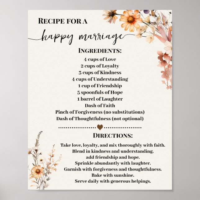 Póster Receta para el matrimonio feliz flores silvestres  (Frente)