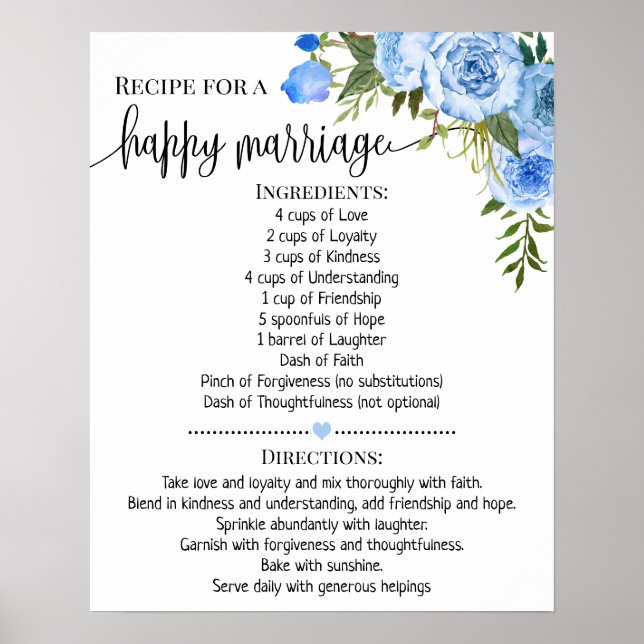 Póster Receta para matrimonio feliz regalo de ducha azul (Frente)