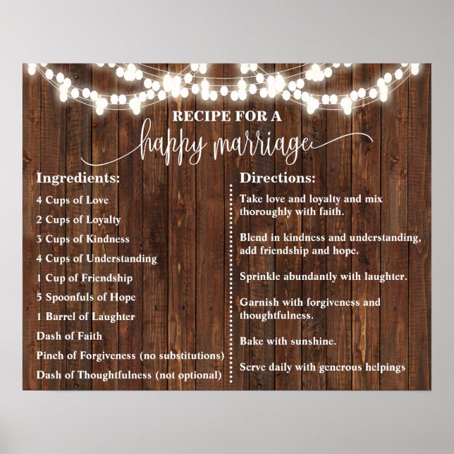 Póster Receta para un Rótulo matrimonial feliz Boda occid (Frente)