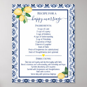 Póster Receta para una Feliz Boda Regalo de Ducha de Limo