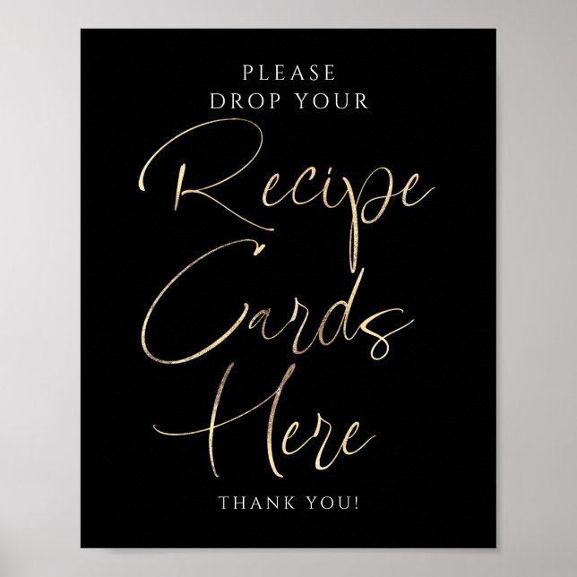 Póster Recipe Cards Black and Gold Bridal Shower Sign (Frente)