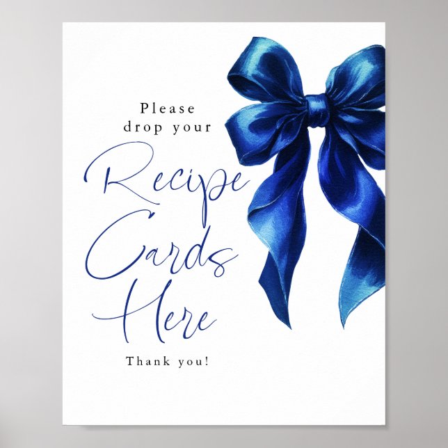 Póster Recipe Cards Navy Blue Bow Bridal Shower Sign (Frente)