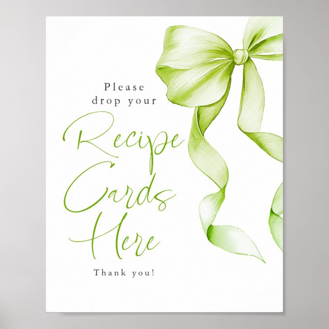 Póster Recipe Cards Sage Green Bow Bridal Shower Sign (Frente)