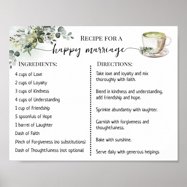 Póster Recipe for a Happy Marriage Greenery Matcha (Frente)