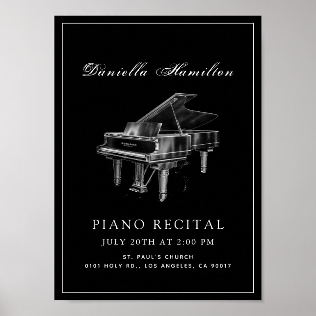 Póster Recital clásico simple de piano negro (Frente)