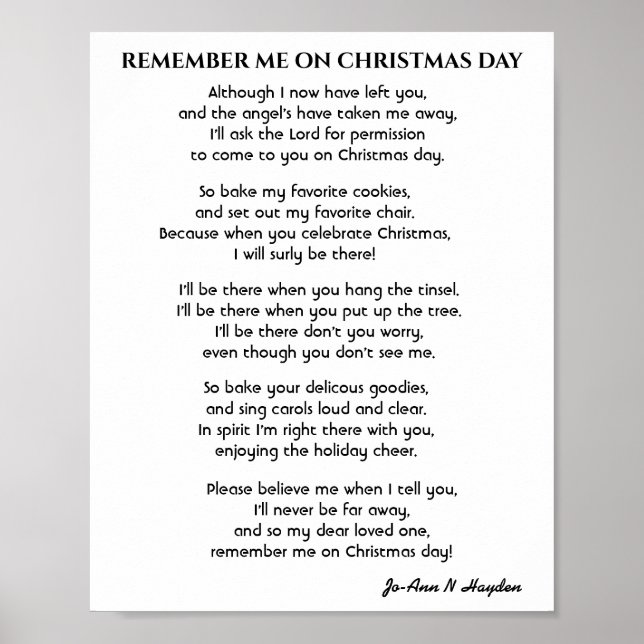 Póster RECUERDE DE MÍ EN UN poema DEL DÍA DE LOS NAVIDADE (Frente)