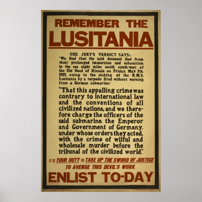 Póster Recuerde el alistamiento de Lusitania hoy (Frente)