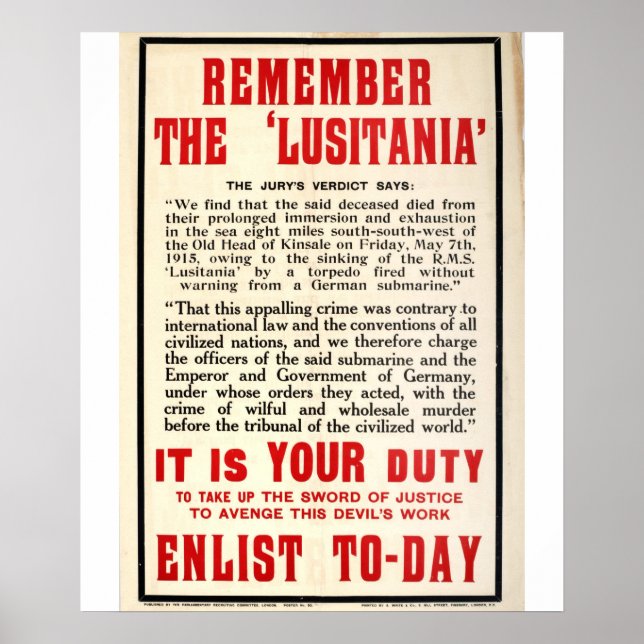 Póster Recuerden al Poster de "Lusitania" (Frente)
