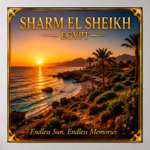 Póster Recuerdo de viaje de puesta de sol dorada en Sharm
