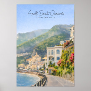 Póster Recuerdo de viaje romántico acuarela Costa Amalfit