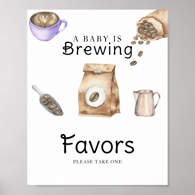 Póster Recuerdos para baby shower de bebé preparando café (Frente)