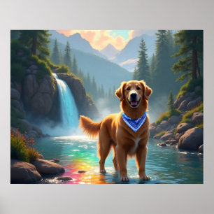 Póster Recuperador de oro en un fantástico río arco iris