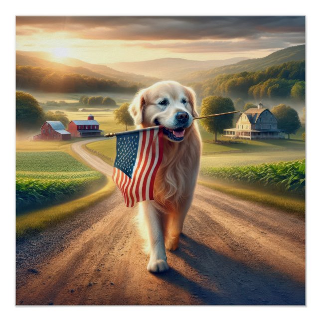 Póster Recuperador de oro llevando una bandera estadounid (Anverso)