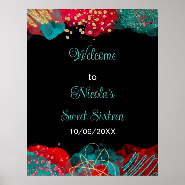 Póster Red Alcohol Ink Sweet 16 Birthday Party Welcome (Frente)