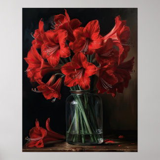 Póster Red Amaryllis Flowers Art Print Poster